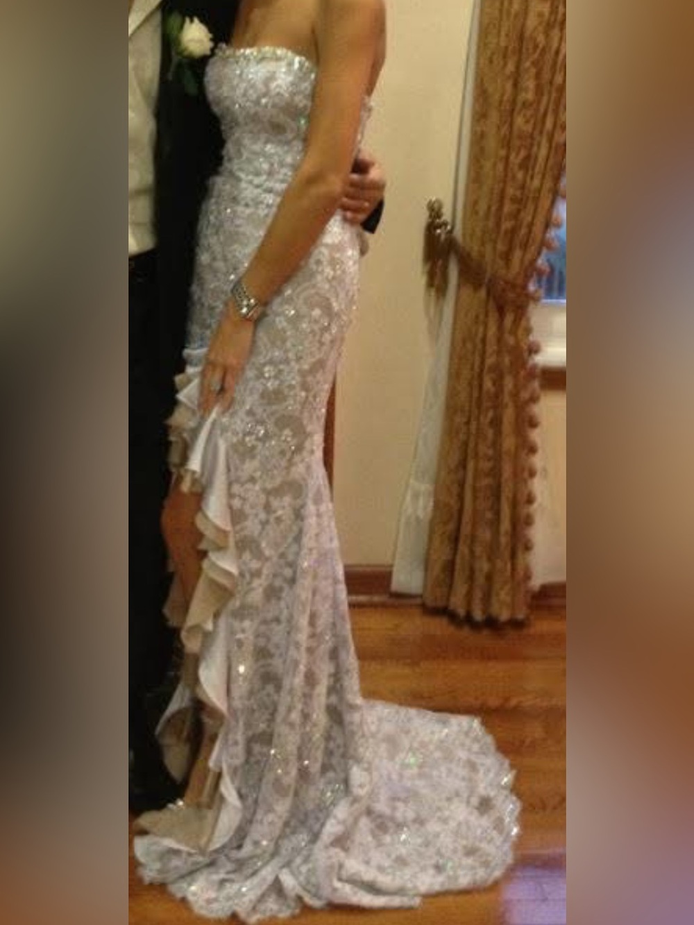 Johnathan Kayne Ivory Lace Strapless Sequin Gown with Ruffle Train